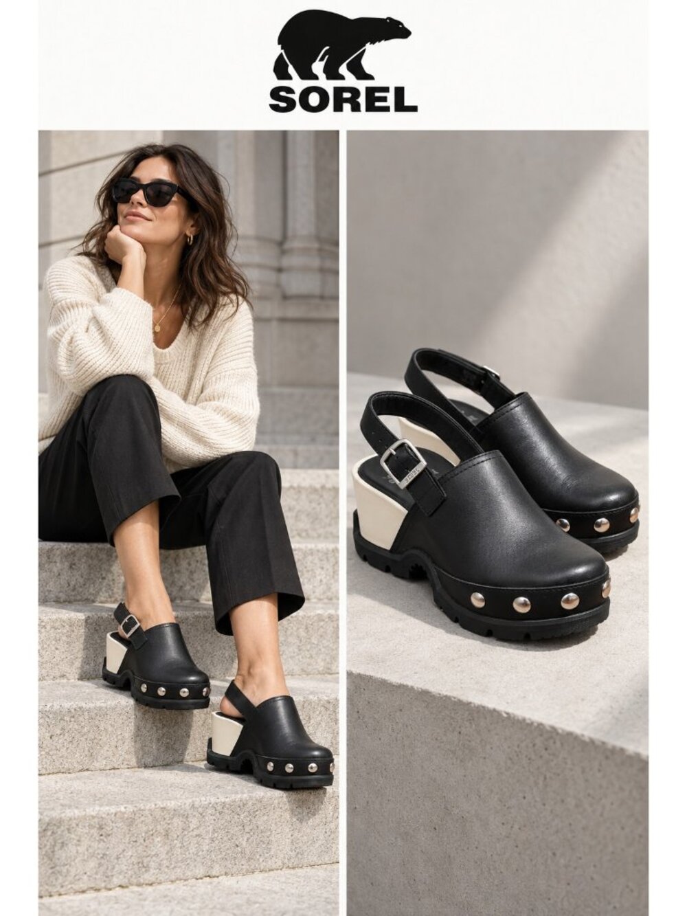 SOREL Roam'N Rivet Black Leather Platform Clogs Women's Size 8.5